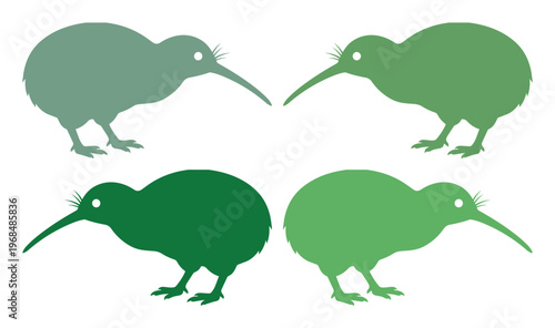 Kiwi bird silhouette vector collection, four distinct green kiwi bird illustrations, New Zealand wildlife graphic resource, flat design animal icon set for nature and travel themes