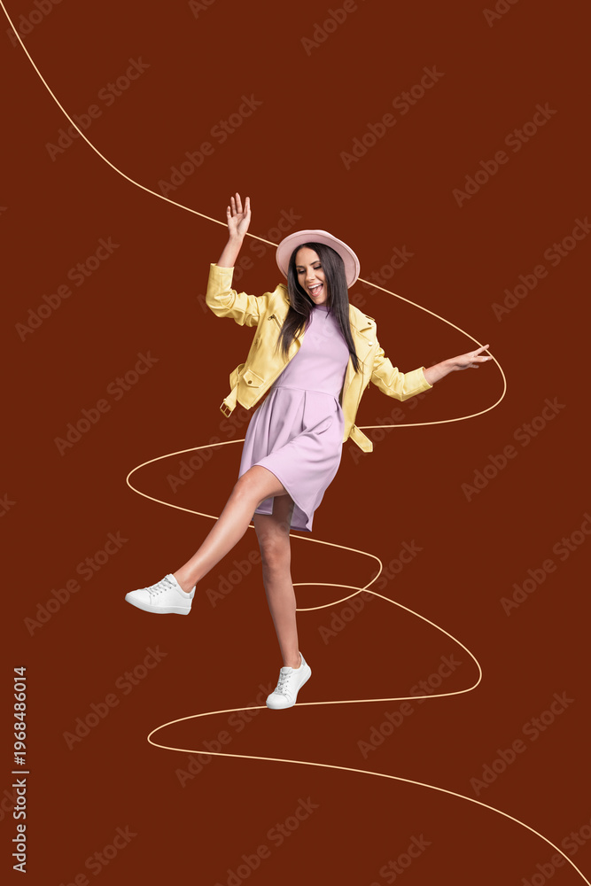 Obraz premium Trend abstract collage of person stand dance with moving lines on brown background