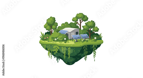 A cartoon floating island displays a grey building surrounded by dense trees and three solar panels on a white background.