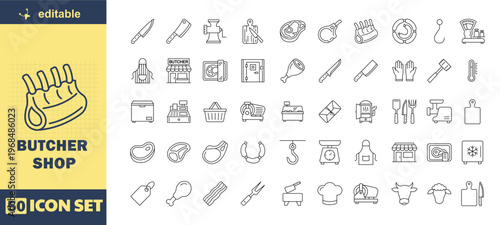 This is a collection of 50 editable icons for a butcher shop or meat market business. The icons are designed in a simple line art style and can be used for various purposes such as branding, marketing