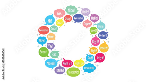 Circle of Chat: A vibrant collection of speech bubbles forms a circle, each filled with enthusiastic words, creating a dynamic visual representation of communication and dialogue.