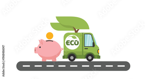 A green eco-friendly delivery truck with a tree on its roof pulls a pink piggy bank with a coin on a road.