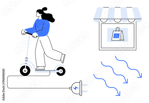 Eco-friendly commuting, urban mobility, sustainability, electric transport, retail, shopping trends. Person riding electric scooter, retail store with shopping bag. Eco-friendly commuting and urban
