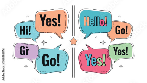 Dialogue Bubbles with Diverse Expressions: A visually striking composition of speech bubbles displaying a vibrant array of greetings and affirmative responses.