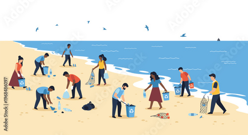 A diverse group of people cleans a sandy beach, collecting trash into recycling bins and bags by the blue ocean.