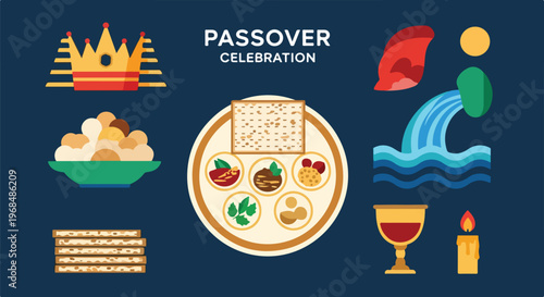 Colorful illustration depicting Passover symbols, including crown and seder plate