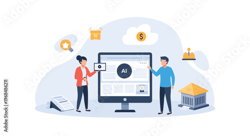 A man and a woman interact with a desktop monitor displaying an AI interface, surrounded by financial and technological icons.