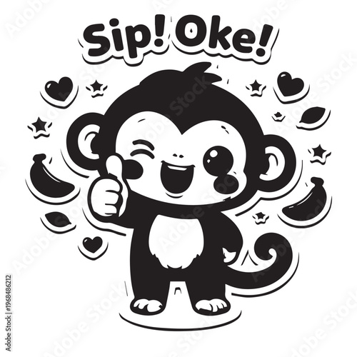 Kawaii Chibi Monkey Sticker Black White Thumbs Up Winner Coloring Page
