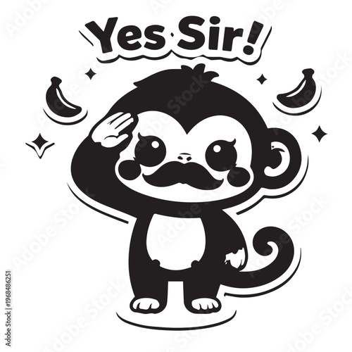 Kawaii Chibi Monkey Sticker Black White Military Salute Yes Sir Coloring Page