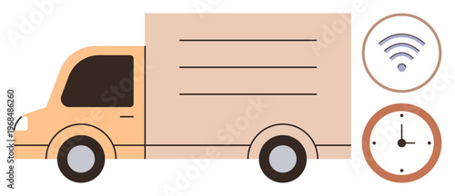 Logistics, delivery services, scheduling, time management, wireless communication, technology. A beige truck, a clock and a wireless icon. Logistics and delivery services concepts