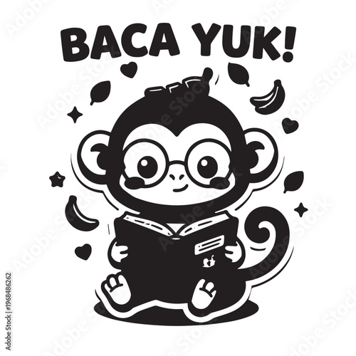 Kawaii Chibi Monkey Sticker Black White Reading Book Glasses Coloring Page