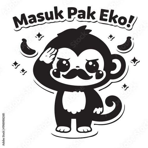 Kawaii Chibi Monkey Sticker Black White Thumbs Up Winner Coloring Page