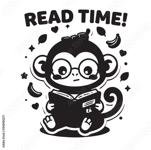 Kawaii Chibi Monkey Sticker Black White Reading Book Glasses Coloring Page