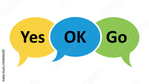 Motivational Speech Bubbles: Three colorful speech bubbles with positive messages, conveying agreement, affirmation, and encouragement to move forward.