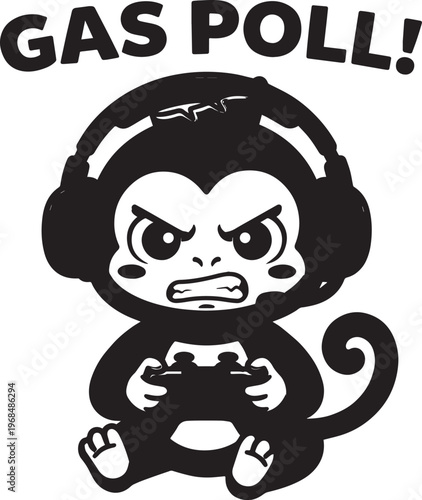 Kawaii Chibi Monkey Sticker Black White Gamer Gaming Headphones Coloring Page