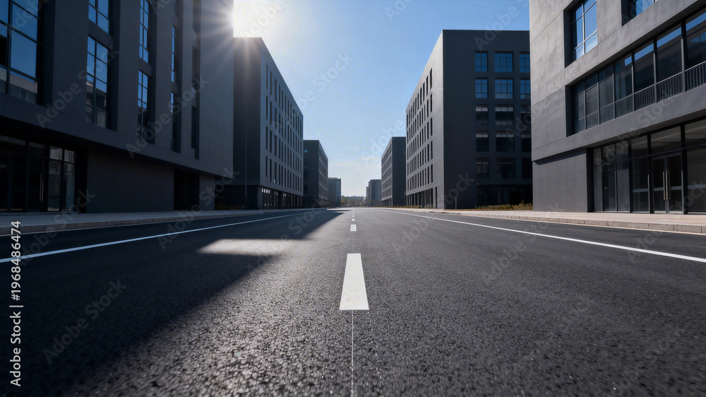 Obraz premium Modern Office Buildings Along Paved Urban Road