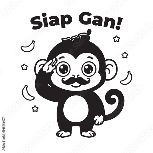 Kawaii Chibi Monkey Sticker Black White Military Salute Yes Sir Coloring Page