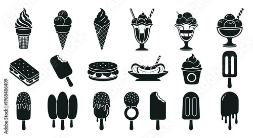 Vector illustration featuring various sweet treats, ice cream, fast food, and dessert icons
