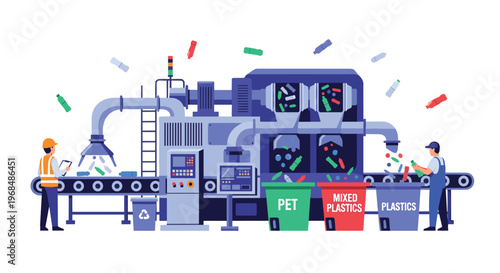 A complex recycling machine processes plastic bottles, with two workers sorting items into labeled bins on a conveyor belt.