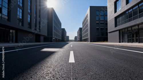 Modern Office Buildings Along Paved Urban Road