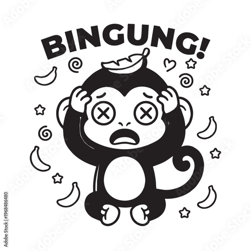 Kawaii Chibi Monkey Sticker Black White Confused Dizzy What Coloring Page