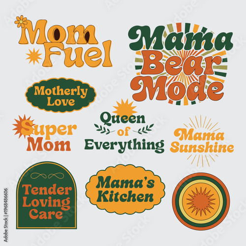 Retro Mother's Day typography set, vintage mama bear and super mom quotes, 70s style groovy lettering collection for t-shirts and apparel
