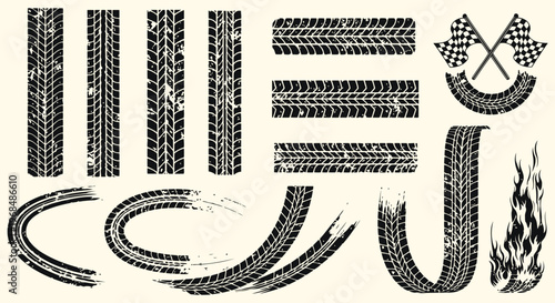 Collection of grunge tire track vector illustrations, including racing flags and flame graphic.