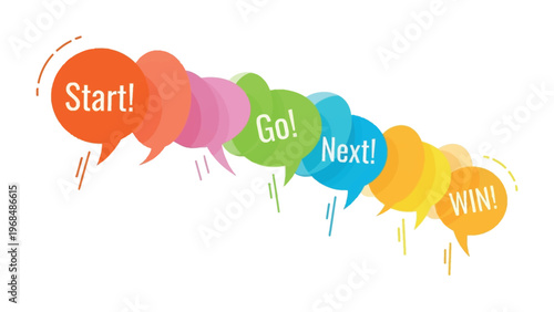 Strategic Journey: A visual representation of a phased plan, illustrated by a cascade of vibrant speech bubbles, each holding a directive step.