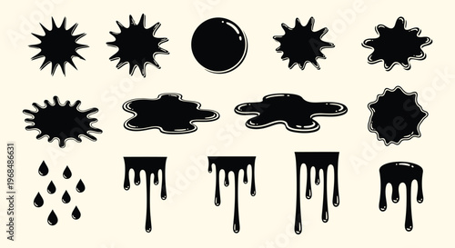 Collection of diverse vector graphic ink splatters, drops, and dripping liquid illustrations