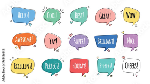 Colorful Speech Bubbles: A vibrant collection of speech bubbles bursts with an array of positive exclamations, conveying messages of excitement and approval.