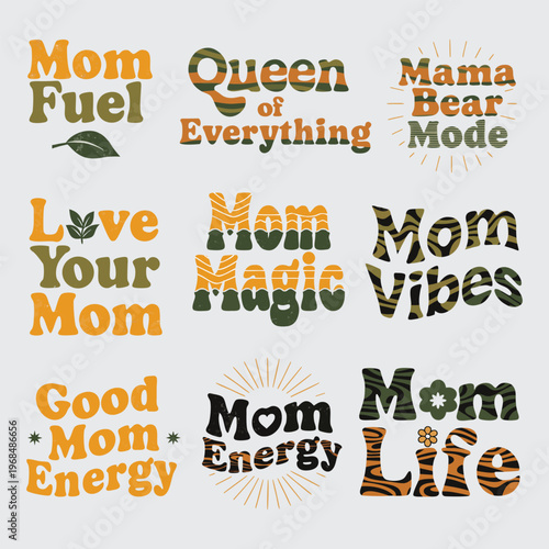 Retro Mother's Day Typography Set, 9 Vintage Mom Life Quotes and Slogans, Earthy Green and Orange Groovy Lettering Vector Graphics