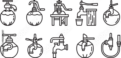 A collection of vintage and antique brass faucets and spouts Vector