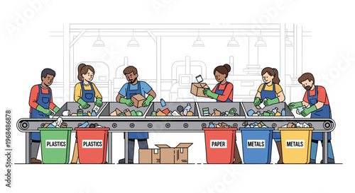 Six diverse individuals are diligently sorting various types of waste on a long grey conveyor belt into labeled bins within a recycling facility.