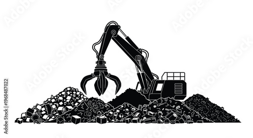 A black silhouette of a heavy-duty excavator with a grapple claw is positioned amidst several jagged piles of scrap metal.