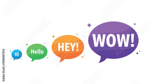 Communicative Expressions: Vibrant speech bubbles cascade across the visual plane, each brimming with expressions and emotion: Hi, Hello, Hey!, and WOW! conveys message. 
