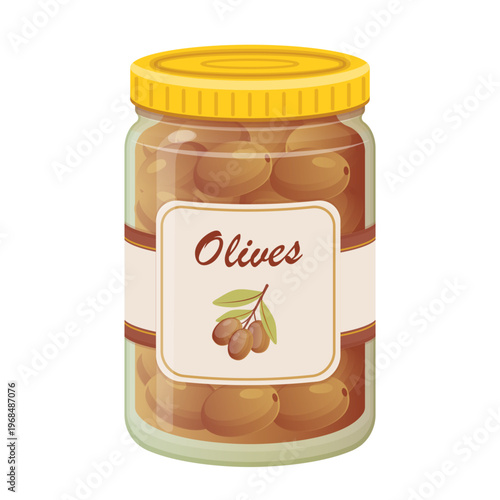 Glass Jar of Preserved Olives Cartoon Vector Illustration