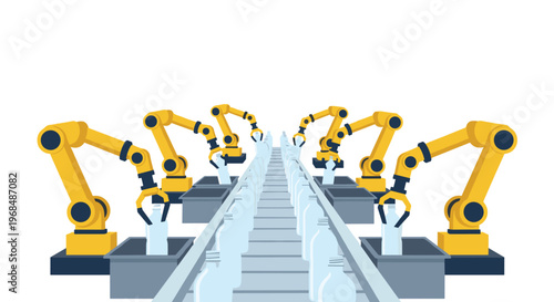 Six yellow robotic arms are precisely placing clear white plastic bottles onto a grey conveyor belt in an automated factory setting.