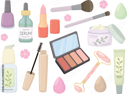 Colorful illustration with cosmetic products. Serum, eyeshadow palette, sponges, massage roller, lipstick, cream, brushes, mascara, tube isolated on white