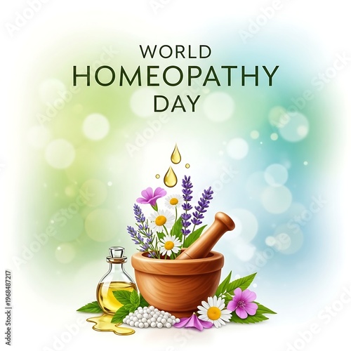 World homeopathy day with mortar and flowers