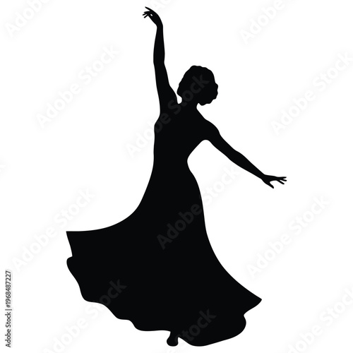 A dynamic black silhouette of a woman gracefully dancing with a flowing dress silhouette