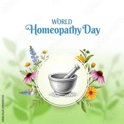 World homeopathy day with mortar and flowers