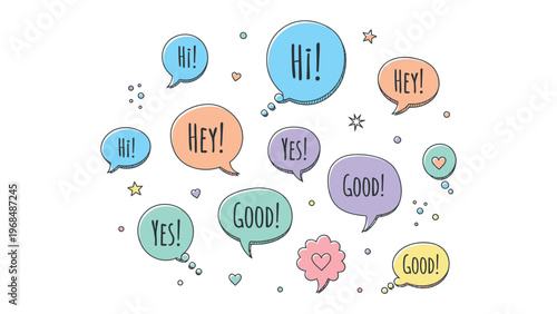 Colorful Conversations: Whimsical speech bubbles filled with positive affirmations and greetings float against a backdrop, expressing cheerful communication.