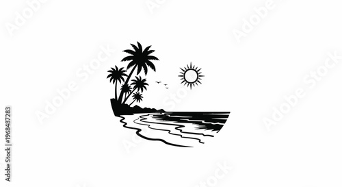 A black silhouette of a tropical beach scene with palm trees, the sun, and birds