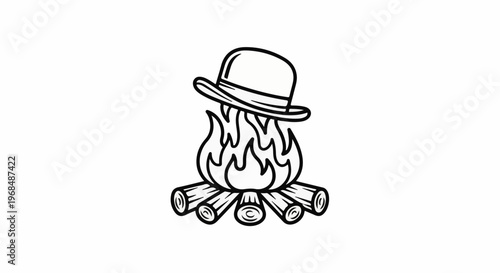 A bowler hat balances precariously atop a stylized bonfire