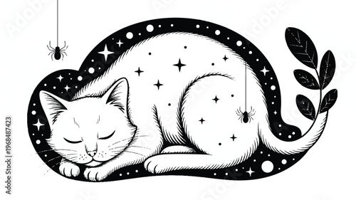 A serene cat sleeps peacefully under a starry night sky with a decorative heart symbol.