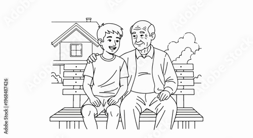 A boy and his grandfather sit on a bench, sharing a moment of connection