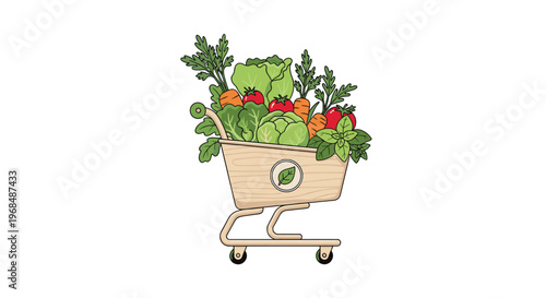 A light brown wooden shopping cart is filled with an assortment of fresh green and red vegetables.