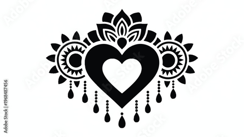 An intricate heart-shaped design featuring symmetrical patterns and teardrop motifs.