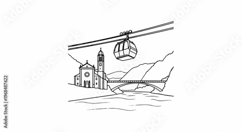 A cable car glides above a river, bridge, church, and mountainous terrain