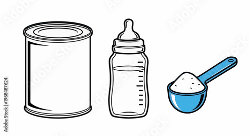 A can, bottle with liquid, and a scoop of powder